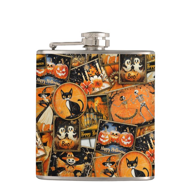 Retro-Vintage-Halloween-Spaß-Collage Flachmann (Vorderseite)