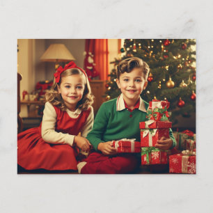Retro, Vintage-Kinder mit Weihnachtsgeschenken  Feiertagspostkarte