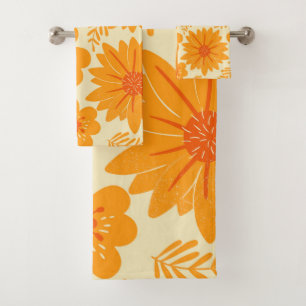 Retro Vintage Mid Century Orange Flower Pattern Badhandtuch Set