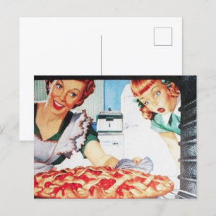 retro vintage Mutter Kind Küche Postkarte