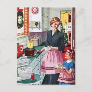 Retro Vintage Mutter Tochter essen Kuchen Postkarte