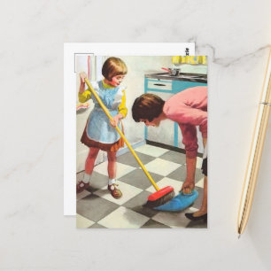 Retro Vintage Mutter Tochter putzen Postkarte
