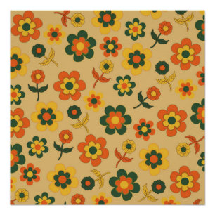 Retro Vintage Orange 70er Blumenmuster Poster