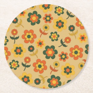 Retro Vintage Orange 70er-Blumenmuster Runder Pappuntersetzer
