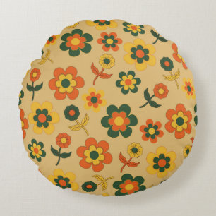 Retro Vintage Orange 70er Blumenmuster Rundes Kissen