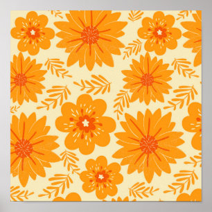 Retro Vintage Orange Botanisches Blumenmuster Herb Poster