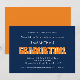 Retro Vintage Orange Marineblau Text Abschlussfeie Einladung