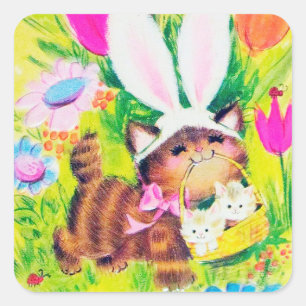 Retro Vintage-Osterkatzen Feiertags-Aufkleber Quadratischer Aufkleber