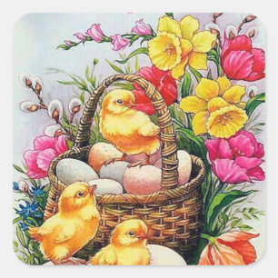 Retro-Vintage-Osterküken-Korbsticker Quadratischer Aufkleber