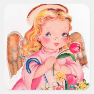 Retro Vintage Ostern Engel Feiertags-Aufkleber Quadratischer Aufkleber