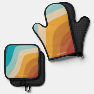 Retro Vintage Regenbogenwellen Personalisiert Ofenhandschuh & Topflappen-Set