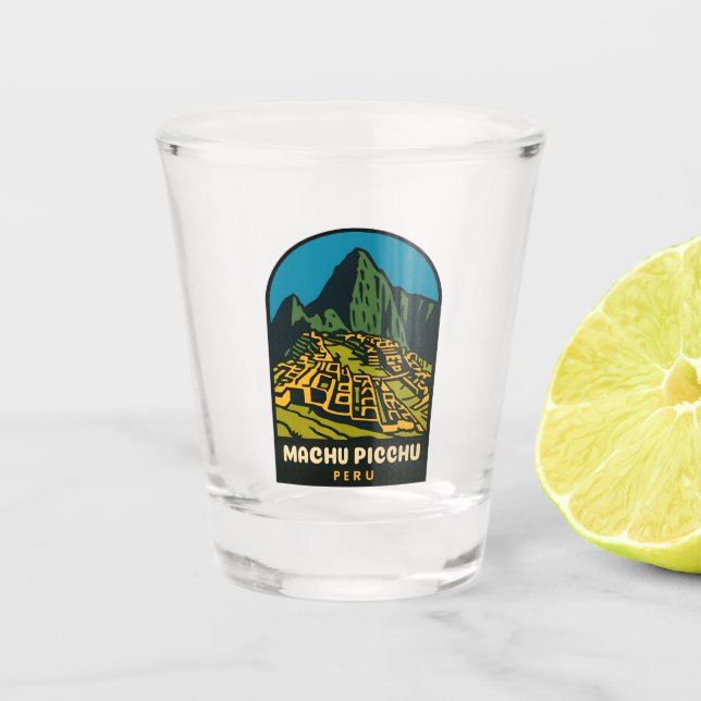 Retro Vintage Reise Machu Picchu Peru Landschaft Schnapsglas (Vorderseite)