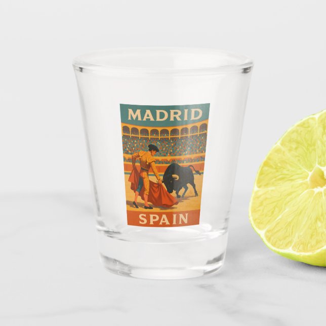 Retro Vintage Reise Madrid Spanien Stierkampf Schnapsglas (Vorderseite)