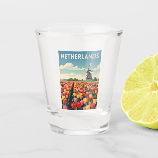 Retro Vintage Reise Niederlande Tulip Landschaft Schnapsglas (Vorderseite)