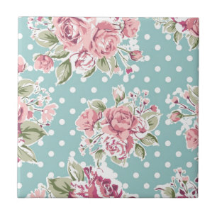 Retro-Vintage-Rosenmuster Rosenpink, Blau mit Weiß Fliese