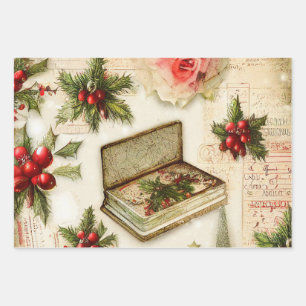 Retro Vintage Rot Grün Stechpalme Weihnachten Urla Geschenkpapier Set
