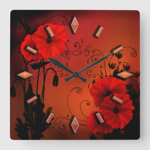 Retro-vintage rote Mohnblumen Blumen-Design-Illus Quadratische Wanduhr