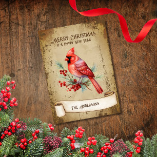 Retro Vintage Roter Kardinalvogel Frohe Weihnachte Feiertagskarte