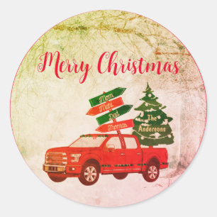 Retro-Vintage-Roter-LKW-Farmhaus-Frohe-Weihnachten Runder Aufkleber