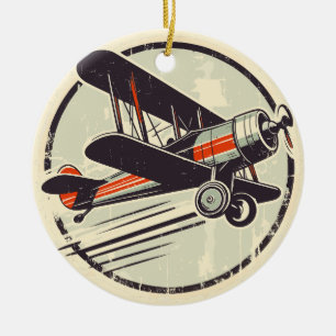 Retro Vintage rotes und grünes Doppeldeckerflugzeu Keramik Ornament