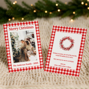 Retro-Vintage-Rotkariert-Familienweihnachten Feiertagskarte