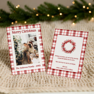 Retro-Vintage-Rotkariert-Familienweihnachten Feiertagskarte