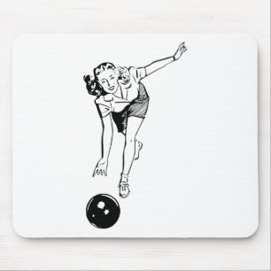 Retro-Vintage Schwarz-Weiß-Frau beim Zehn-Kegel-Bo Mousepad