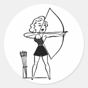 Retro Vintage Schwarz-Weiß-Frau mit Bogenschießen Runder Aufkleber
