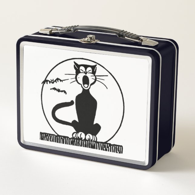 RETRO-VINTAGE SCHWARZE KATZE-JAWNING-METALLLUNCHBO METALL BROTDOSE (Vorderseite)
