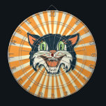 Retro Vintage schwarze Katzendarmplatine Dartscheibe<br><div class="desc">Super cooles Retro Vintages schwarzes Katzendartboard mit orangefarbenem Sonnenbursthintergrund.</div>