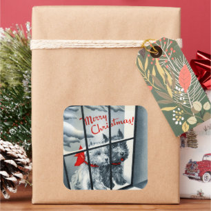 Retro-Vintage-Scotty-Hund-Weihnachten Quadratischer Aufkleber