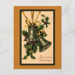 Retro Vintage Silver Christmas Bells, Gold Ribbon Postkarte