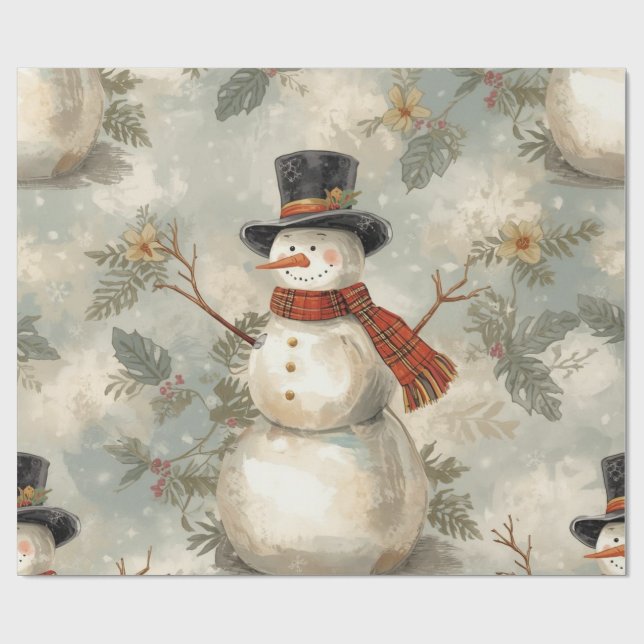 Retro Vintage Snowman Cute Christmas  Geschenkpapier (Flach)