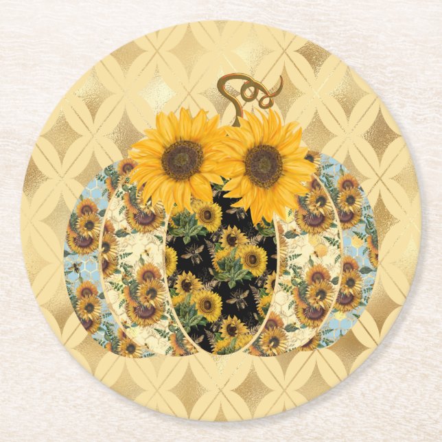 Retro Vintage Sonnenblumen Pumpkin-Papier-Unterset Runder Pappuntersetzer (Vorderseite)