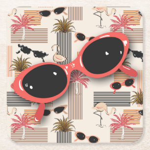 Retro Vintage Sonnenbrille Flamingos Palms Rechteckiger Pappuntersetzer