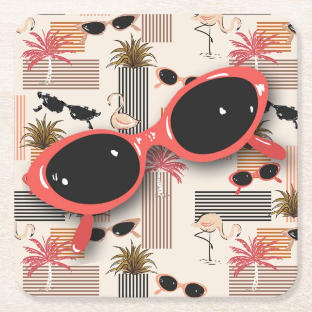 Retro Vintage Sonnenbrille Flamingos Palms Rechteckiger Pappuntersetzer (Vorderseite)