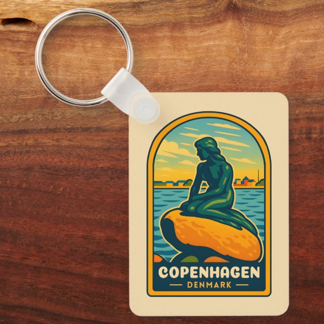 Retro Vintage Travel Kopenhagen Dänemark Mermaid Schlüsselanhänger (Vorderseite)
