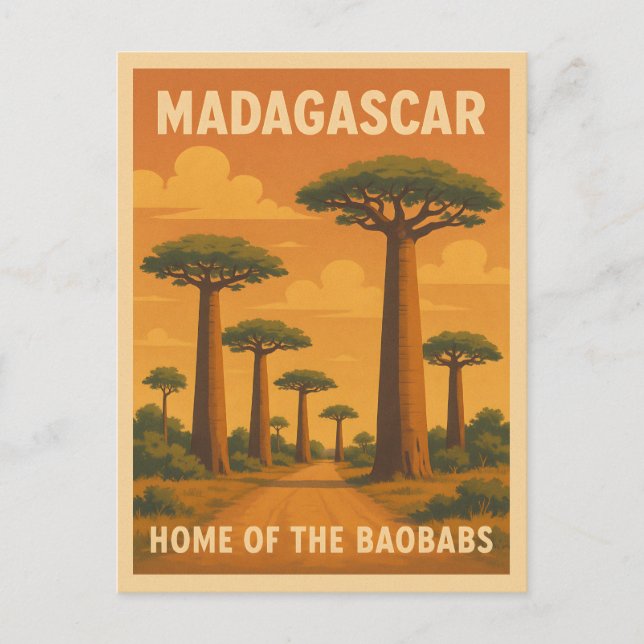 Retro Vintage Travel Madagaskar Baobab Tree Sunset Postkarte (Vorderseite)