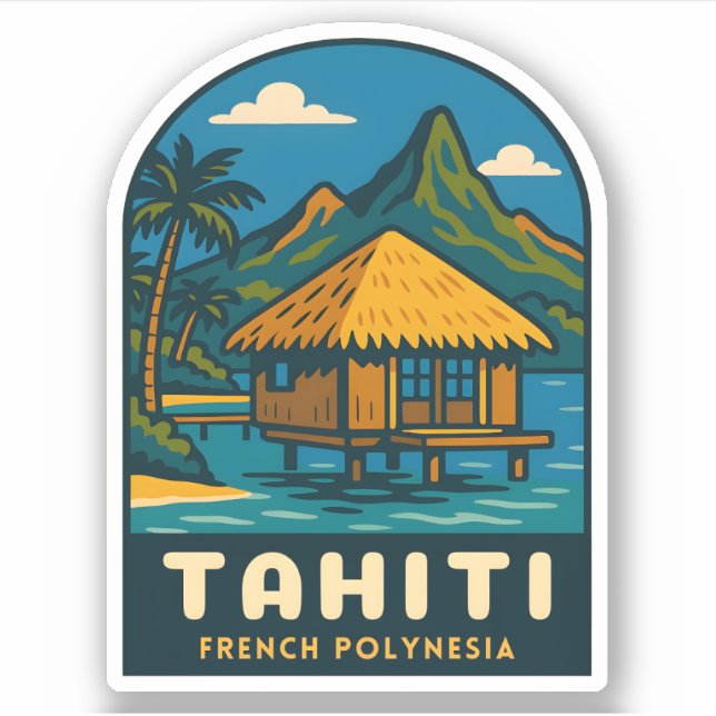 Retro Vintage Travel Tahiti French Polynesia Beach Aufkleber (Vorderseite)