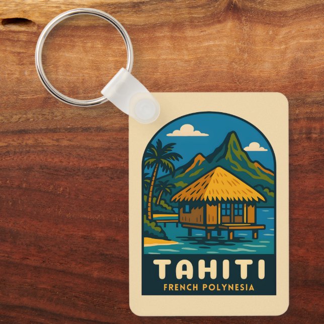 Retro Vintage Travel Tahiti French Polynesia Beach Schlüsselanhänger (Vorderseite)