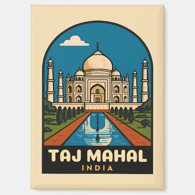 Retro Vintage Travel Taj Mahal India Illustration Magnet (Vorderseite)