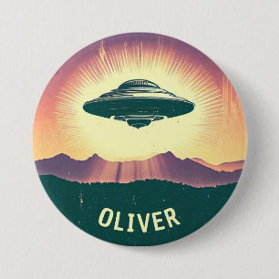 Retro Vintage UFO bei Sonnenuntergang Personalisie Button