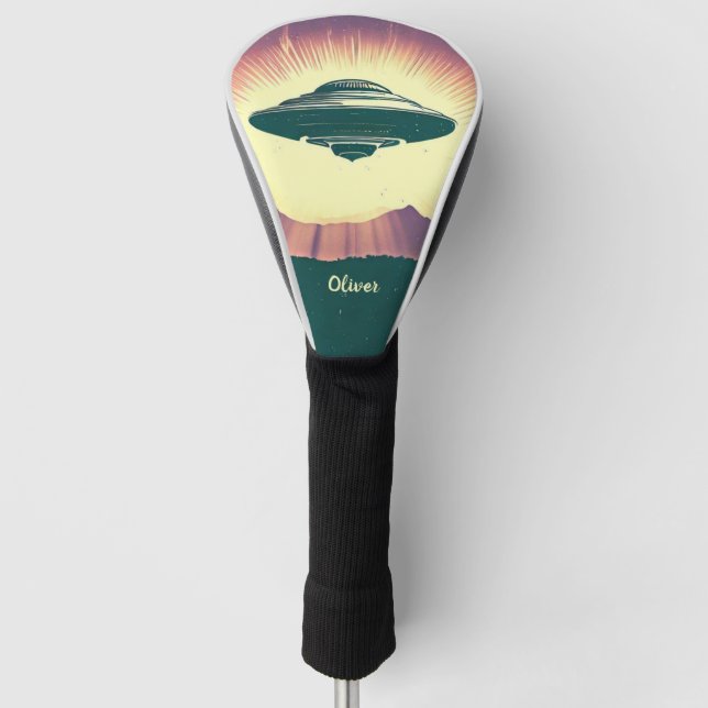 Retro Vintage UFO bei Sonnenuntergang Personalisie Golf Headcover (Vorderseite)