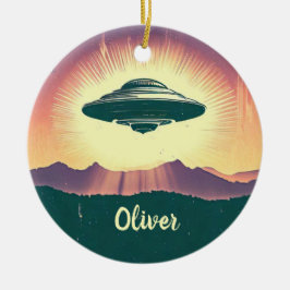 Retro Vintage UFO bei Sonnenuntergang Personalisie Keramik Ornament