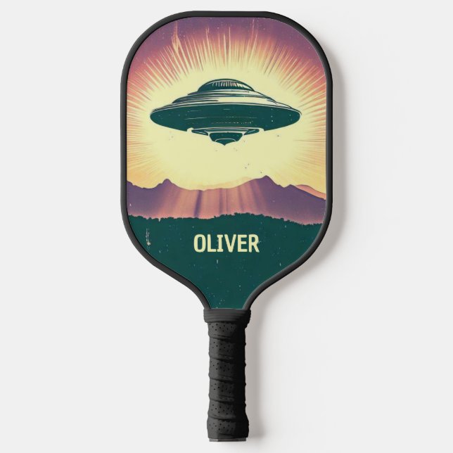 Retro Vintage UFO bei Sonnenuntergang Personalisie Pickleball Schläger (Vorderseite)