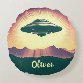 Retro Vintage UFO bei Sonnenuntergang Personalisie Rundes Kissen