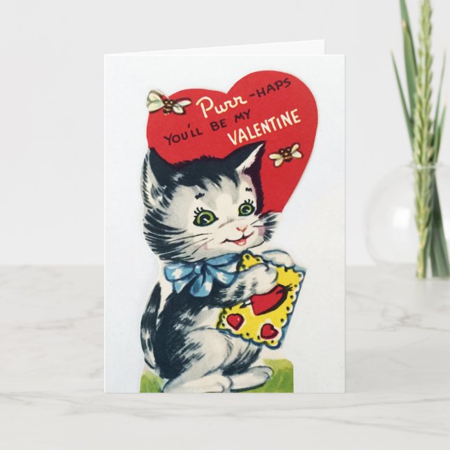Retro Vintage Valentinekatze addieren Feiertagskarte (Vorderseite)