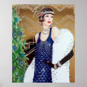 Retro-Vintage-Weihnachten-Art-Deco-Dame-Plakat Poster