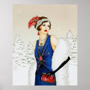 Retro Vintage Weihnachten Art Deco Dame Poster