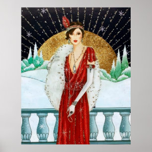 Retro Vintage Weihnachten Art Deco Dame Poster